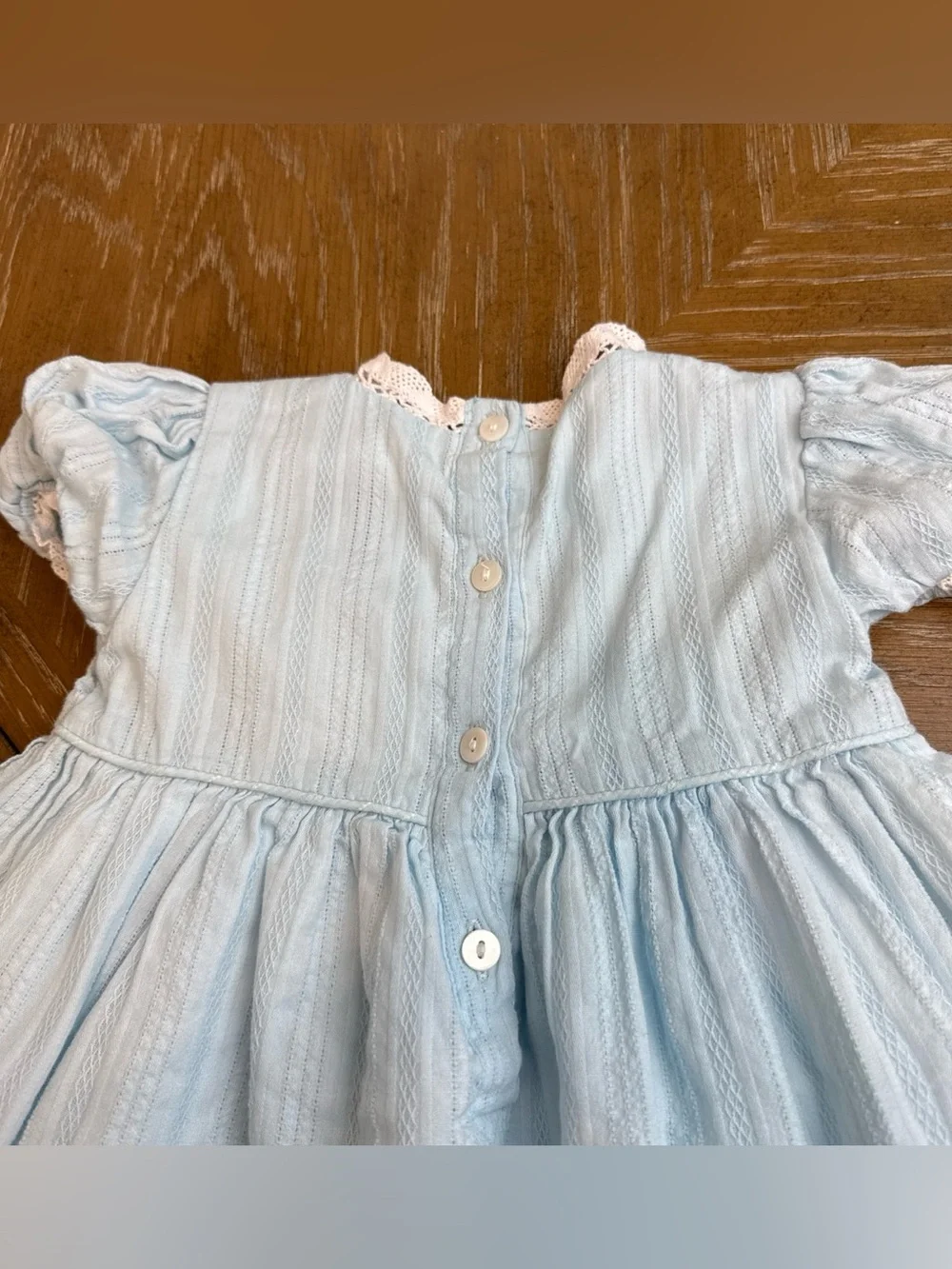 Adorable Light Blue Smocked Girls' Dress with Pink Bunnies Embroidery